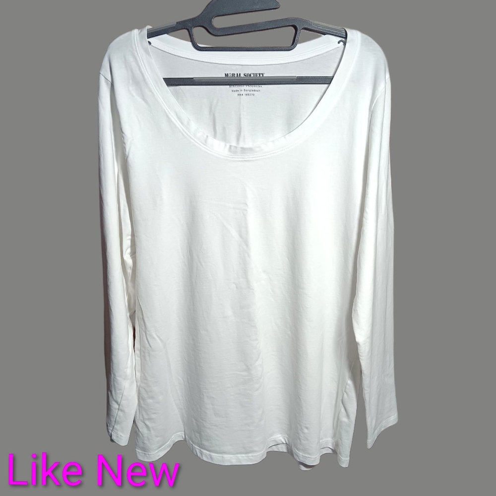 MORAL SOCIETY Women's White Long Sleeve Scoop Neck Fitted T-Shirt Size 2X